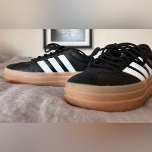 Adidas Women's Black and White Sneakers with Tan Sole